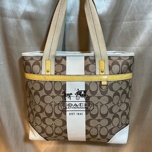 Coach zipper monogram print tote. White stripe.   H5Dc